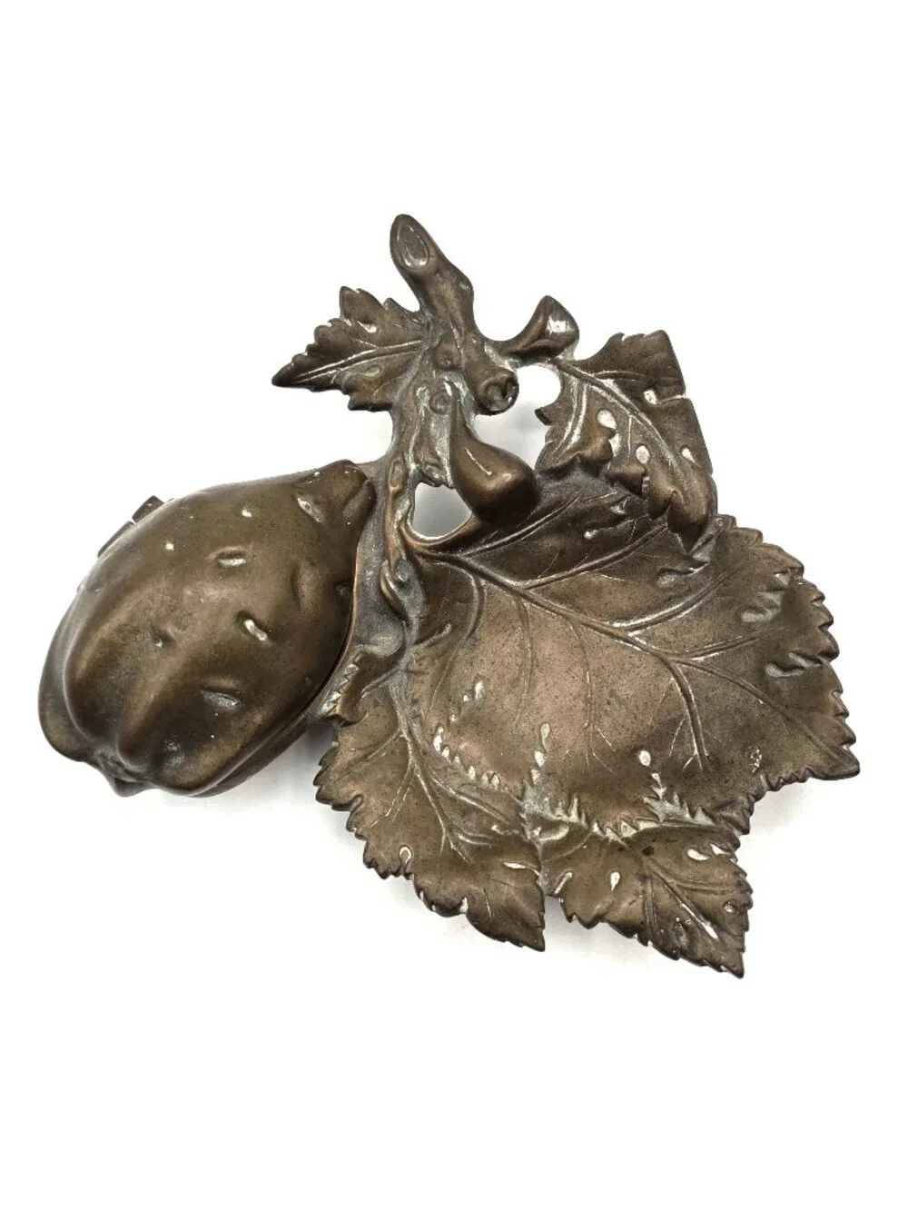 Antique Cast Metal Art Nouveau Leaves Nut Opens Unique Trinket Incense Dish 1899